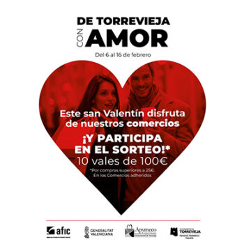 artel promocional de la campaña ‘De Torrevieja con Amor’, iniciativa de San Valentín que impulsa el comercio local con ofertas especiales y sorteos hasta el 16 de febrero