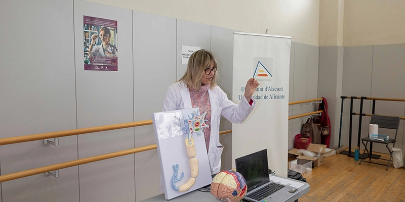 La neurocientífica María Luisa Molina Gallego imparte un taller sobre el funcionamiento del cerebro a un grupo de niños en el Centro Cultural Virgen del Carmen, como parte de una iniciativa de la Universidad de Alicante para fomentar el interés por la ciencia y visibilizar el papel de la mujer en la investigación