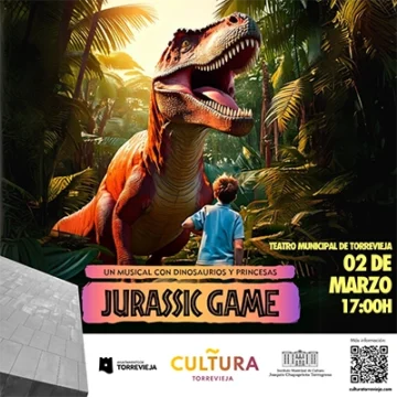 va3402-JURASSIC GAME Cartel del musical infantil ‘Jurassic Game’ en el Teatro Municipal de Torrevieja, con dinosaurios y una aventura interactiva