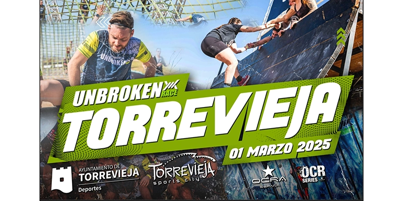 va3402-unbroken Cartel oficial de la Unbroken Race Torrevieja 2025 con imágenes de corredores superando obstáculos