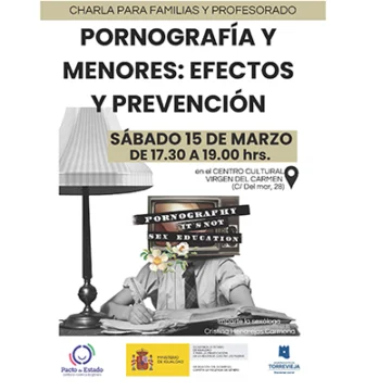 Cartel informativo de la charla 'Pornografía y menores: efectos y prevención', organizada por la Concejalía de Igualdad del Ayuntamiento de Torrevieja, con fecha, hora y lugar del evento