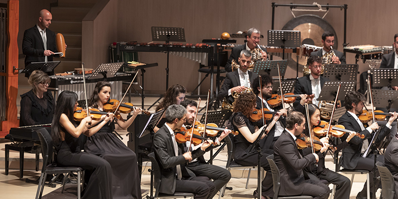 alt="Sección de cuerdas y percusión de la Orquesta Sinfónica de Torrevieja en plena actuación musical"