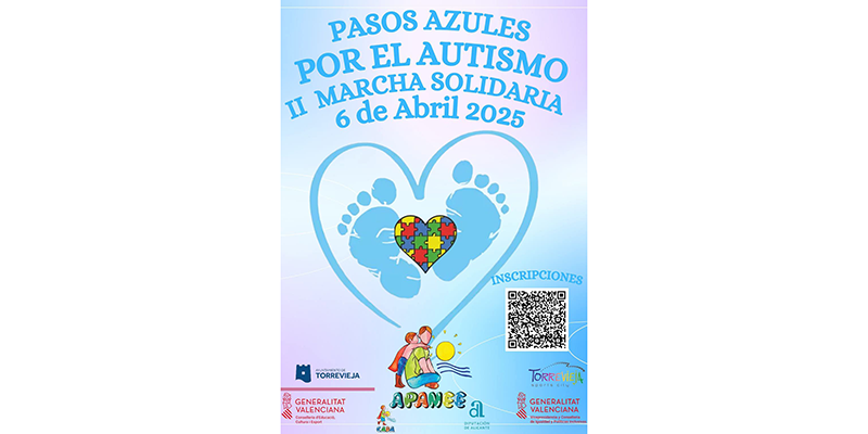 va3407-pasos-que-cuentan Cartel promocional de la II Marcha Solidaria “Pasos Azules por el Autismo”, organizada por Apanee en Torrevieja, con ilustración de pies, corazón de piezas de puzzle y logos institucionales.