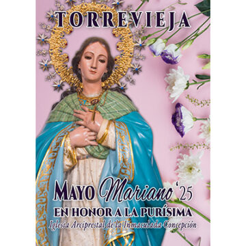 Imagen de la Virgen La Purísima con fondo floral, usada como cartel oficial del Mayo Mariano 2025 en Torrevieja.