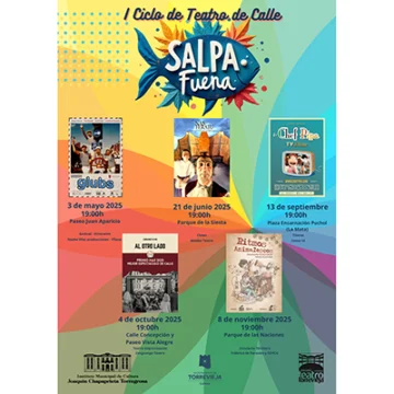 Cartel completo del programa del I Ciclo de Teatro de Calle SALpa Fuera 2025, con fechas y espectáculos.