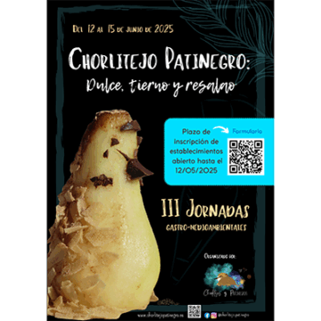 Cartel de las III Jornadas Gastro-medioambientales “Chorlitejo Patinegro: dulce, tierno y resalao”, organizadas por el proyecto Chorlitejos y Patinegros. Incluye fecha del evento (12-15 de junio 2025), inscripción gratuita para establecimientos y formulario QR.