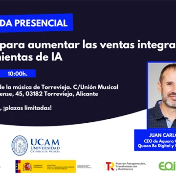 Cartel informativo de la jornada “Claves para aumentar las ventas integrando herramientas de IA”, organizada por ADL Torrevieja, Labpyme y UCAM, con la participación de Juan Carlos Requena. Tendrá lugar el 6 de mayo a las 10:00 h en el Palacio de la Música de Torrevieja. Entrada gratuita con plazas limitadas.