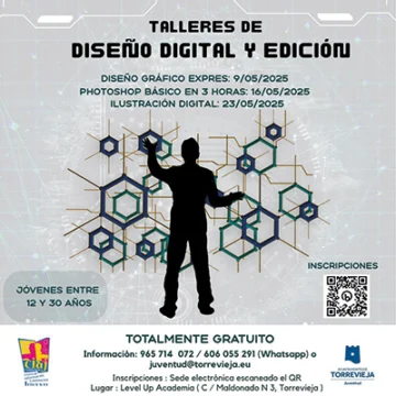 va3411-curso Cartel promocional de los talleres gratuitos de diseño digital y edición organizados por la Concejalía de Juventud de Torrevieja, con fechas del 9, 16 y 23 de mayo, dirigidos a jóvenes interesados en herramientas como Canva, Photoshop y Procreate.