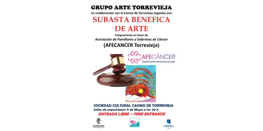va3411-grupo-arte Cartel de la primera subasta benéfica del Grupo Arte Torrevieja, con fecha y hora del evento (9 de mayo, 20 h), logos de las entidades organizadoras (Casino de Torrevieja, AFECÁNCER y Ayuntamiento de Torrevieja) y una obra artística como ilustración.