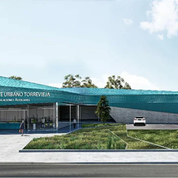 Recreación digital del futuro centro operativo del transporte urbano de Torrevieja, con cocheras, talleres y oficinas de control.