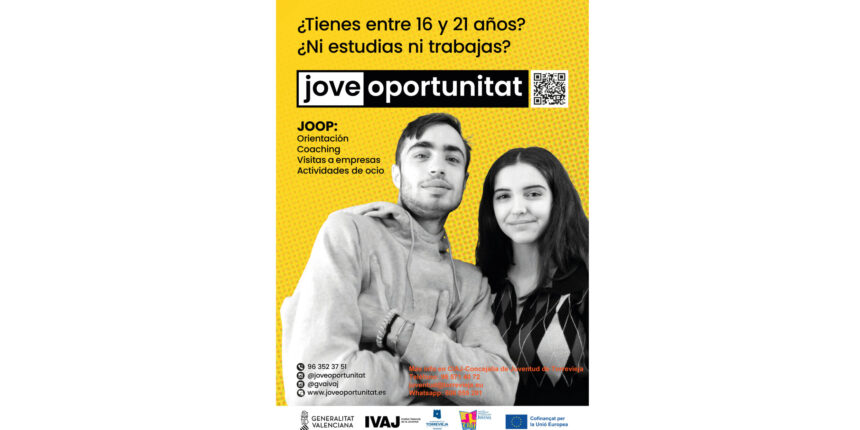 Cartel del programa Jove Oportunitat (JOOP) dirigido a jóvenes de 16 a 21 años que no estudian ni trabajan, impulsado por el IVAJ y el Ayuntamiento de Torrevieja