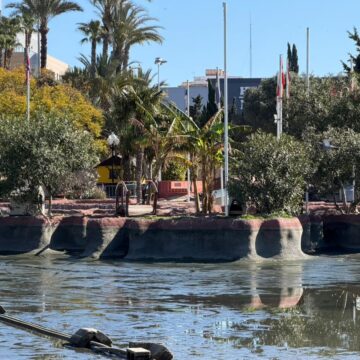 Operarios realizando mantenimiento en una fuente ornamental de Torrevieja