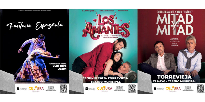 carteles de eventos culturales en Torrevieja con teatro y danza en abril mayo y junio