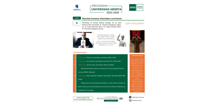 va3454-curso-derechos-humanos-diversidad-uned-torrevieja.jpg Cartel del curso “Derechos humanos, diversidad y convivencia” organizado por la UNED de Torrevieja