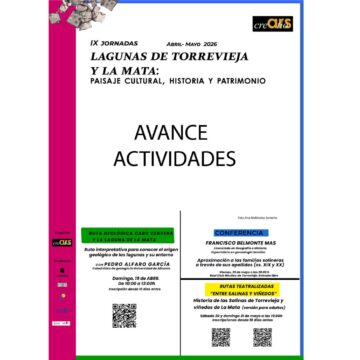 va3458-ruta geologica Cartel de las IX Jornadas de las Lagunas de Torrevieja y La Mata que detalla la programación de rutas y conferencias para abril y mayo de 2026.