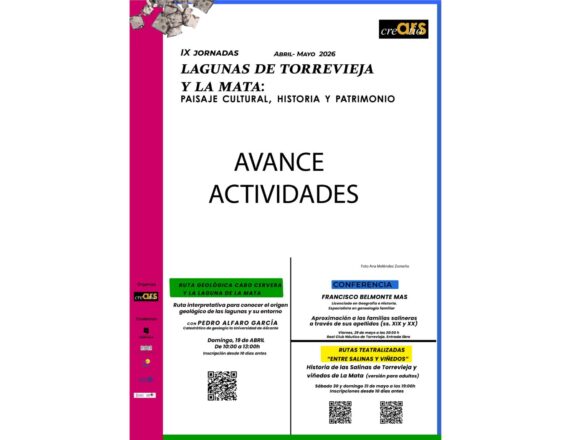 Cartel de las IX Jornadas de las Lagunas de Torrevieja y La Mata que detalla la programación de rutas y conferencias para abril y mayo de 2026.