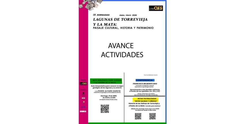 Cartel de las IX Jornadas de las Lagunas de Torrevieja y La Mata que detalla la programación de rutas y conferencias para abril y mayo de 2026.