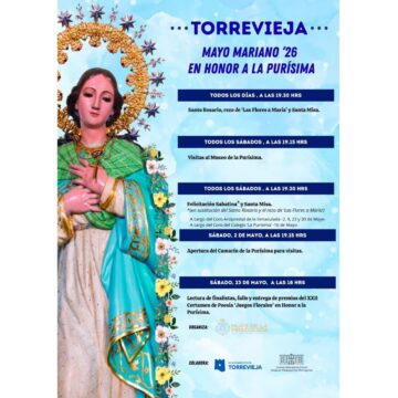 Cartel informativo de «Mayo Mariano '26» en Torrevieja con la imagen de la Purísima y el calendario de actos religiosos