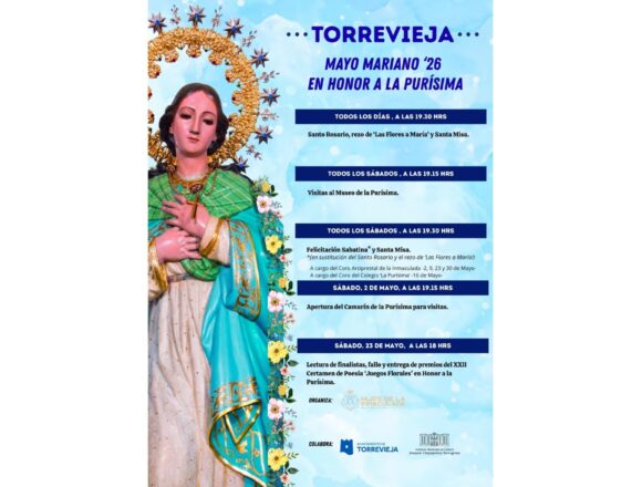 Cartel informativo de «Mayo Mariano '26» en Torrevieja con la imagen de la Purísima y el calendario de actos religiosos