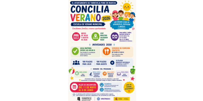 Cartel informativo del programa municipal "Concilia Verano 2026" en Torrevieja, que detalla servicios gratuitos de comedor y aula matinal para facilitar la conciliación familiar durante los meses de julio y agosto.