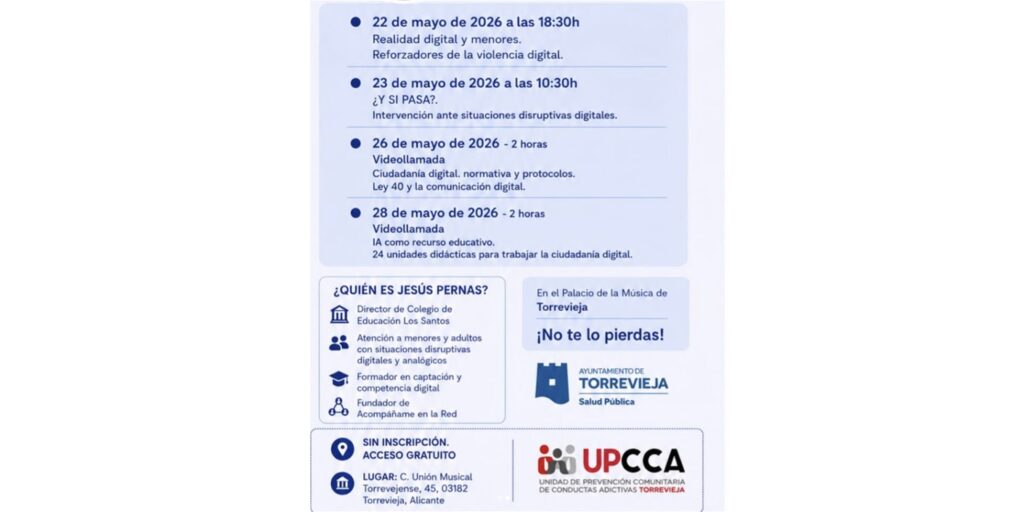Calendario detallado de las sesiones presenciales y online que componen el curso de prevención de conductas disruptivas digitales