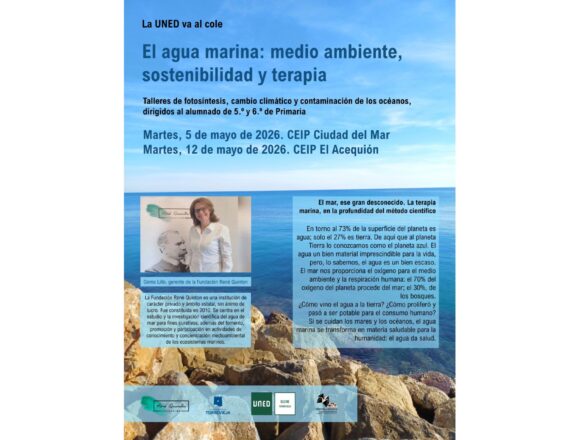 Cartel informativo sobre talleres escolares de la UNED y la Fundación René Quinton sobre medio ambiente y terapia marina