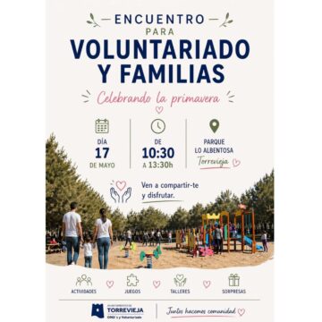 Cartel promocional del encuentro de convivencia «Celebrando la primavera», organizado por la Concejalía de ONG’s y Voluntariado para el 17 de mayo en el Parque Lo Albentosa de Torrevieja
