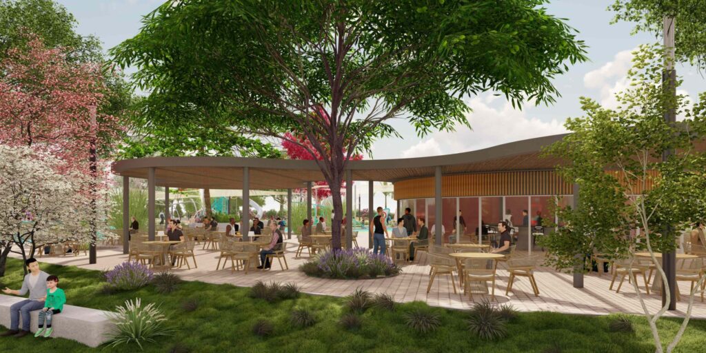 Modelo 3D de una cafetería que se encontrará dentro del parque
