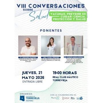 Cartel promocional de la VIII Edición de «Conversaciones sobre salud», dedicada a la importancia de la vacunación y con la participación de expertos en pediatría y medicina preventiva