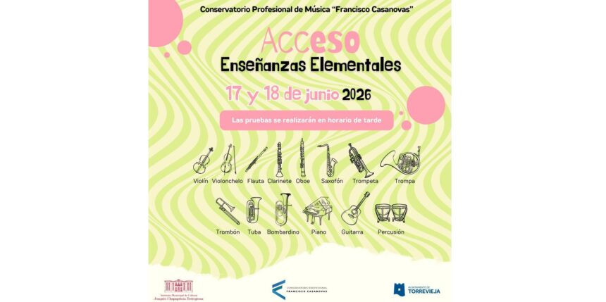 Cartel informativo del Conservatorio Profesional de Música “Francisco Casanovas” sobre las pruebas de acceso a Enseñanzas Elementales para junio de 2026