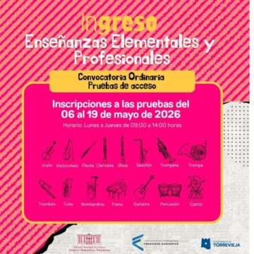 Cartel informativo sobre las inscripciones a pruebas de acceso para Enseñanzas Elementales y Profesionales de música del 6 al 19 de mayo de 2026