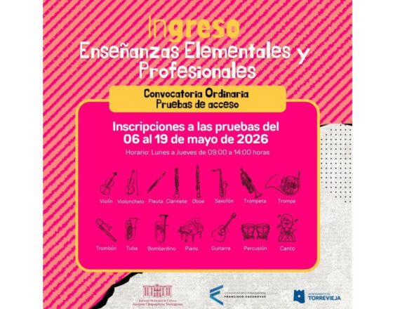 Cartel informativo sobre las inscripciones a pruebas de acceso para Enseñanzas Elementales y Profesionales de música del 6 al 19 de mayo de 2026