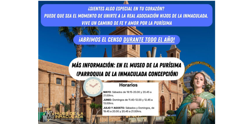 Cartel informativo de la apertura del censo para nuevos socios de Hijos de la Inmaculada en Torrevieja