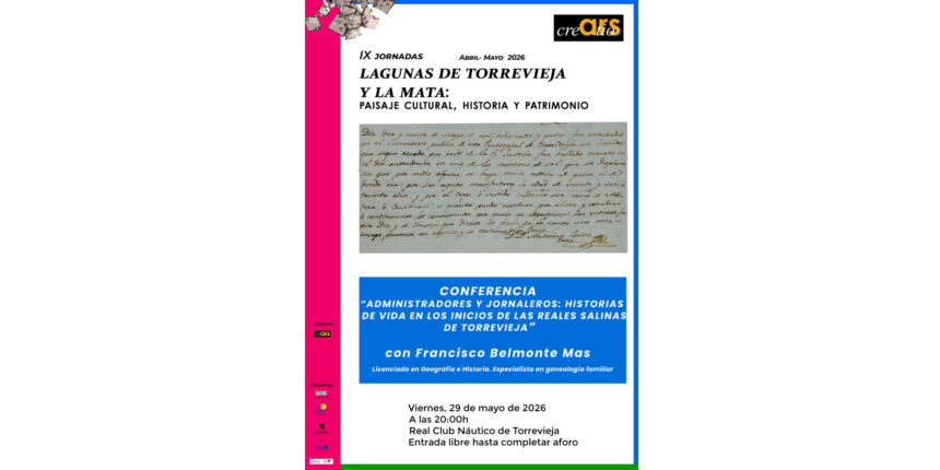 Cartel de la conferencia sobre la historia de las salinas de Torrevieja organizada por Ars Creatio