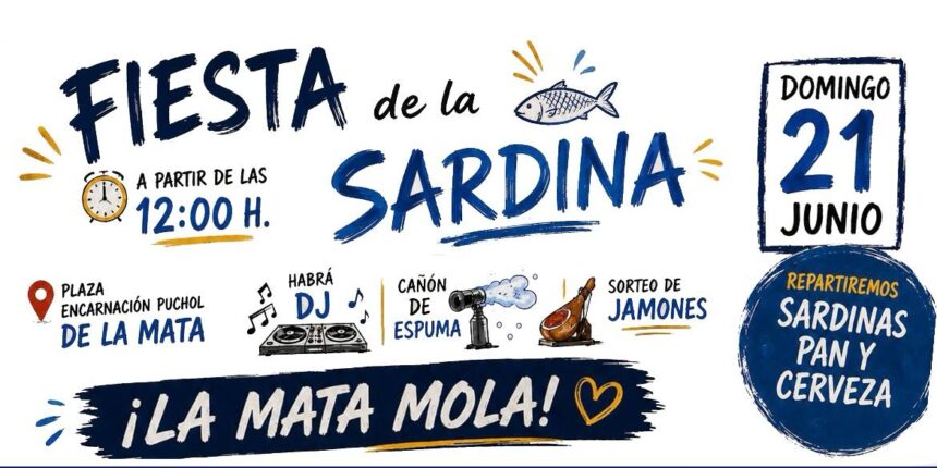va3468-fiesta-sardina-la-mata-torrevieja-junio-2026.jpg Cartel de la Fiesta de la Sardina de La Mata en Torrevieja con reparto gratuito de sardinas, pan y cerveza, música, cañón de espuma y sorteo de jamones.