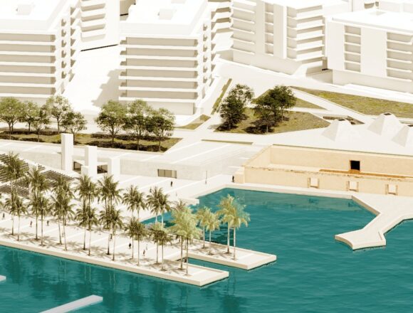 Recreación aérea del nuevo Museo del Mar y de la Sal y del auditorio de Habaneras en las Eras de la Sal de Torrevieja