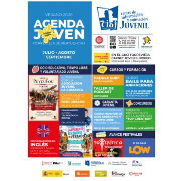 Cartel de la Agenda Joven verano 2026, imagen del CIAJ o fotografía de jóvenes en una actividad de ocio, paddle surf o campamento.