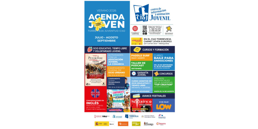Cartel de la Agenda Joven verano 2026, imagen del CIAJ o fotografía de jóvenes en una actividad de ocio, paddle surf o campamento.