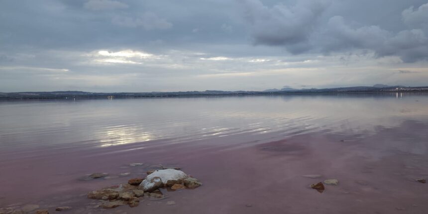 Laguna Rosa de Torrevieja bajo un cielo cubierto de nubes.